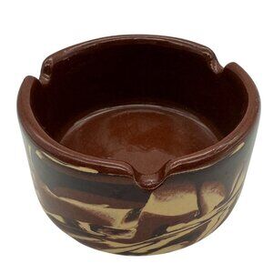 Vtg Clays in Calico Pottery Ashtray Cardwell Montana Marbled Brown Cream Signed